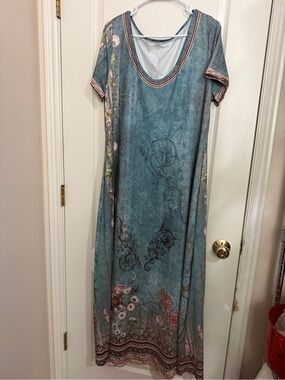 Teal Floral Scoop-Neck Maxi Dress